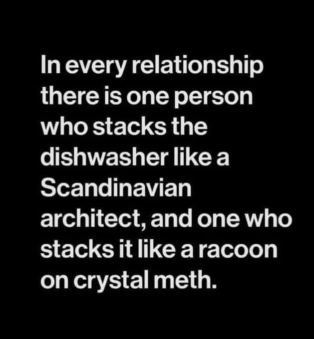 May be an image of text that says 'In every relationship there is one person who stacks the dishwasher like a Scandinavian architect, and one who stacks it like a racoon on crystal meth.'